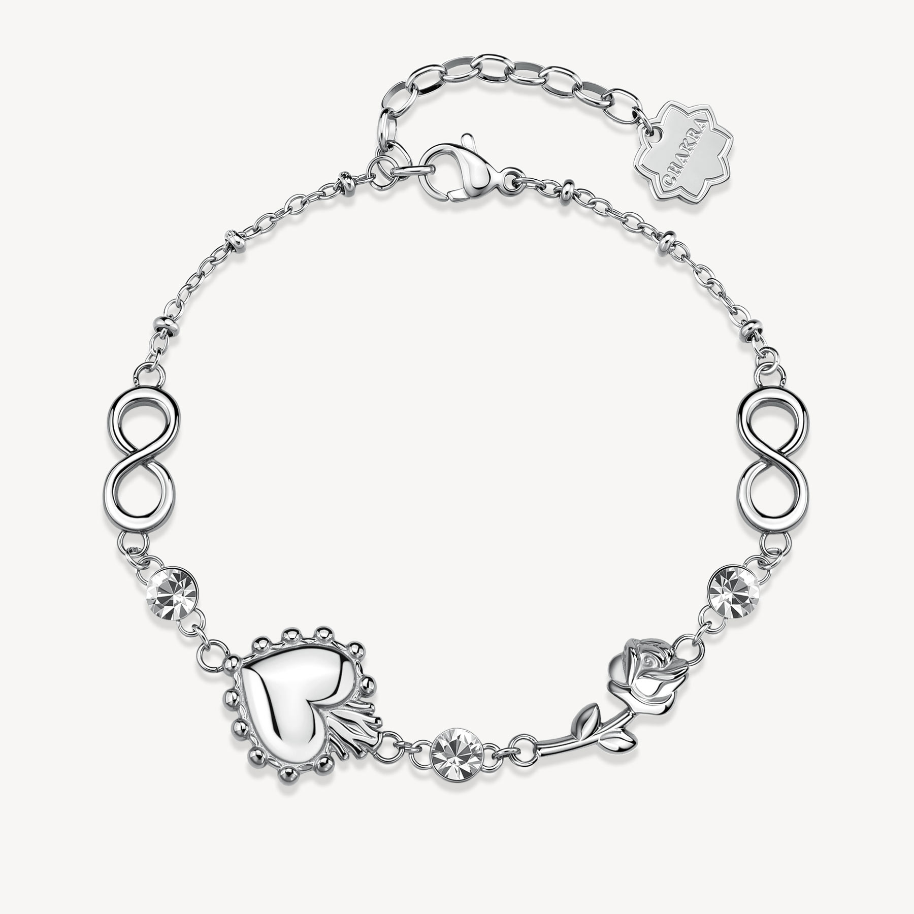 Bracciale CHAKRA in acciaio 316L, con sacro cuore e infinito