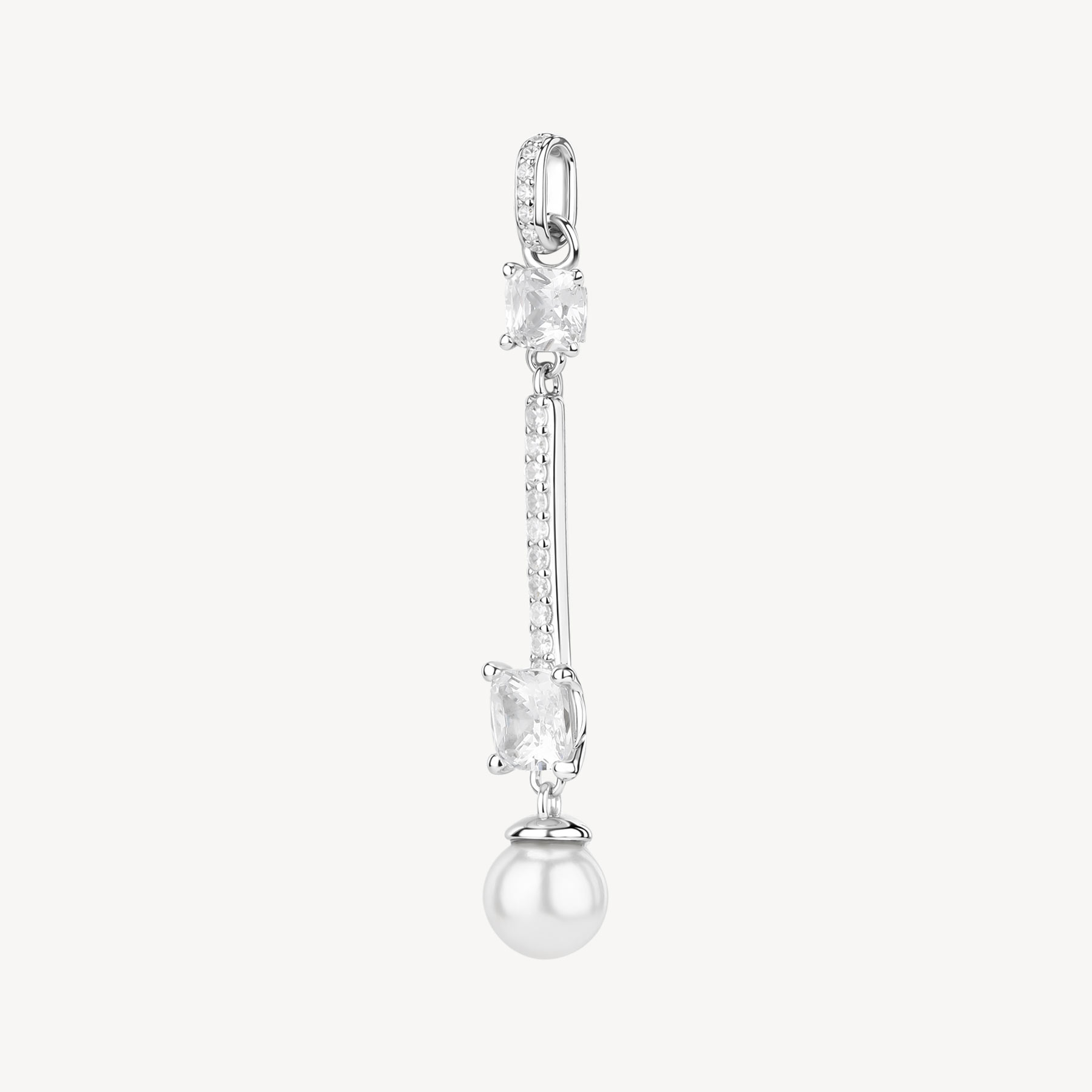 Ciondolo pendente FANCY in argento 925/1000 rodiato, con perla e cubic zirconia chiari