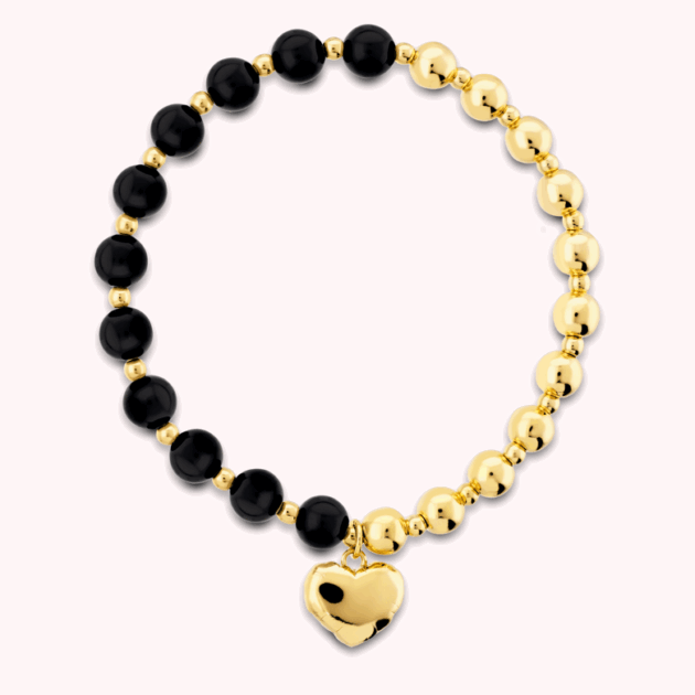 Bracciale Elastico Nero con Bead Lucide Pietre Naturali e Ciondolo Cuore