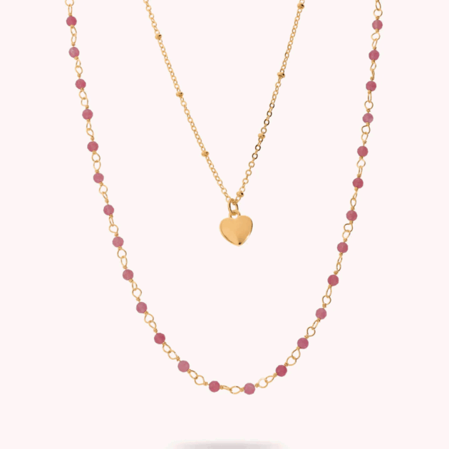 Collana Rosario Lunga Multifilo con Ciondolo Cuore e Pietre Naturali di Quarzite