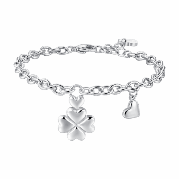 BRACCIALE DONNA IN ACCIAIO CON QUADRIFOGLIO E CHARM CUORE